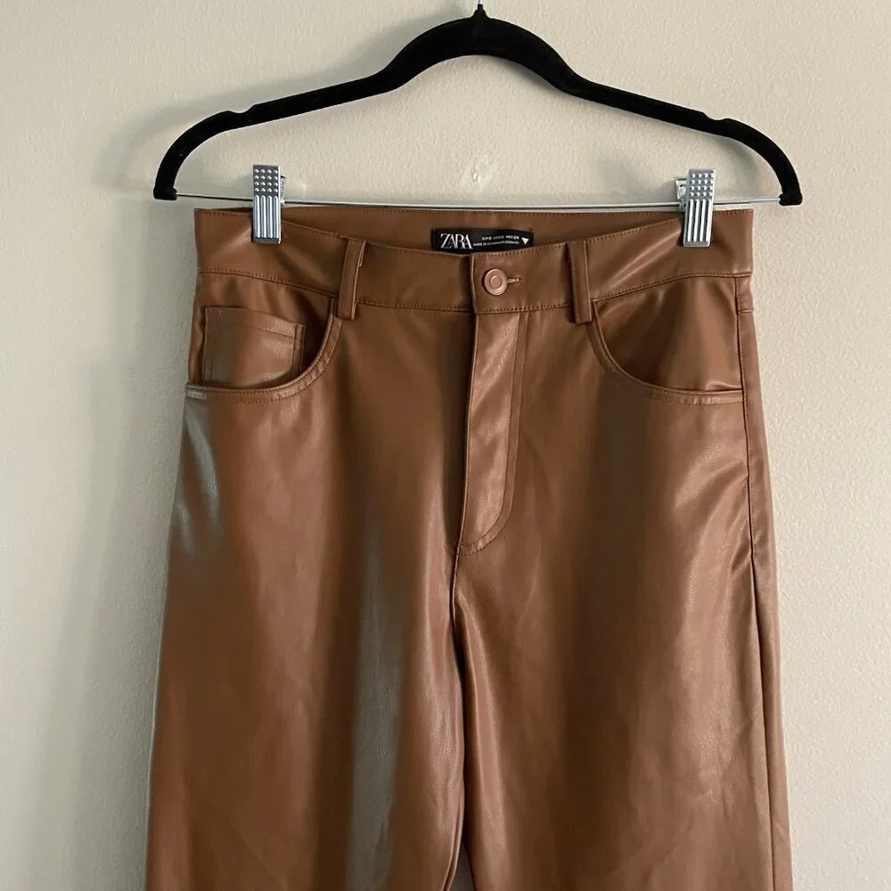 Zara Women S Caramel Brown Faux Leather 90s High-Rise Straight Leg Pants